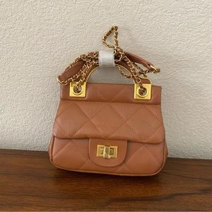Brown Gold Quilted Lady Top Handle Clutch Chain Crossbody Shoulder Bag *FLAW B7